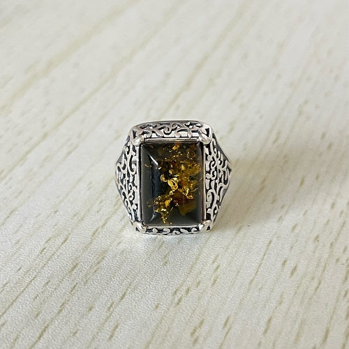Rectangle Cut Baltic Amber Ring in Sterling Silver 925 39