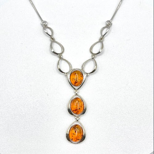 Three Oval Baltic Amber Pendant in Sterling Silver Chain - 62