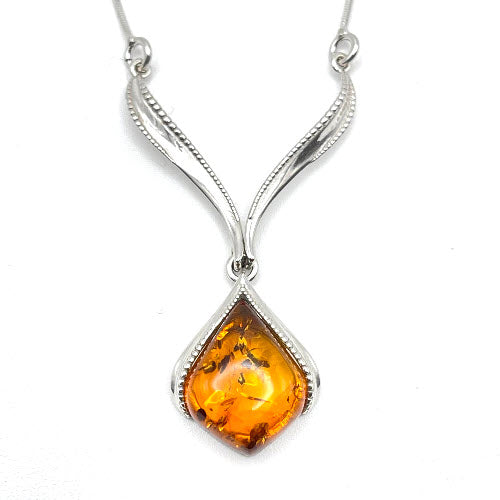 Tear Drop Baltic Amber Pendant in Sterling Silver Chain - 63