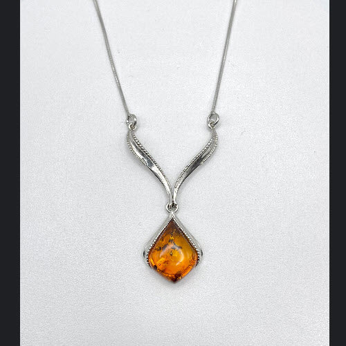 Tear Drop Baltic Amber Pendant in Sterling Silver Chain - 63