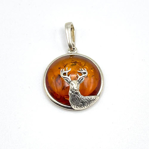 Round Baltic Amber Deer Pendant in Sterling Silver and Chain - 70
