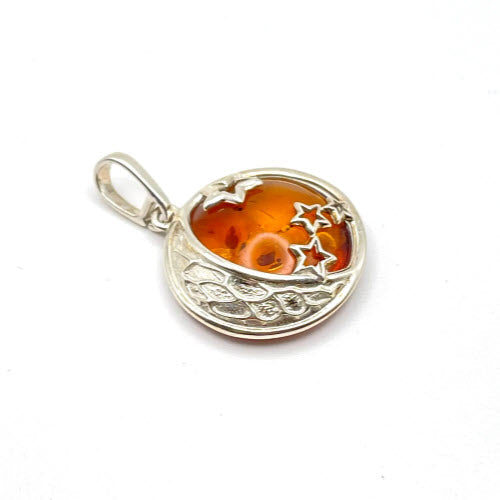Round Baltic Amber Moon and Stars Pendant in Sterling Silver and Chain - 71