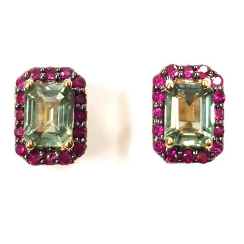 Yellow Gold Plate Green Sapphire Ruby Stud Earring 1.36cts