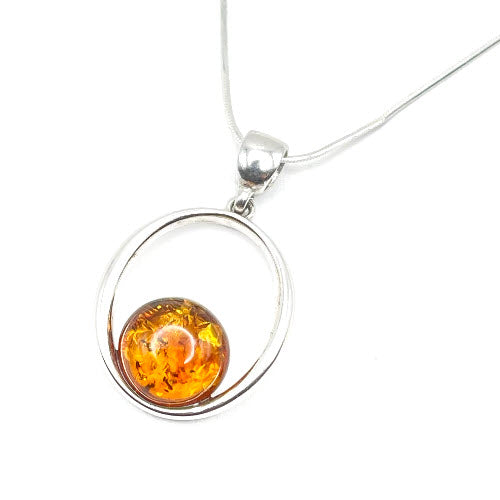 Round Baltic Amber Pendant in Sterling Silver Strand - 100