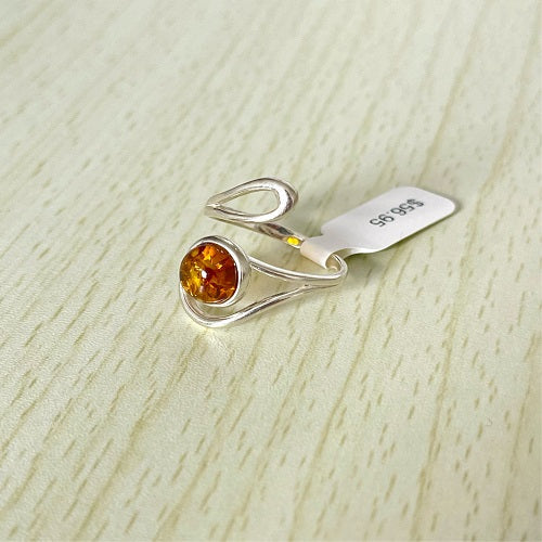 Round Cut Baltic Amber Ring in Sterling Silver 925 25