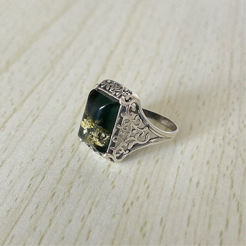 Rectangle Cut Baltic Amber Ring in Sterling Silver 925 36