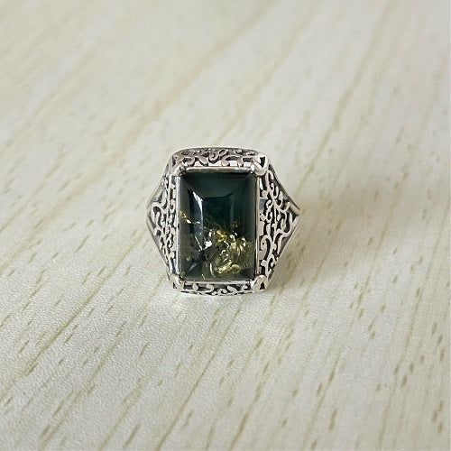 Rectangle Cut Baltic Amber Ring in Sterling Silver 925 36