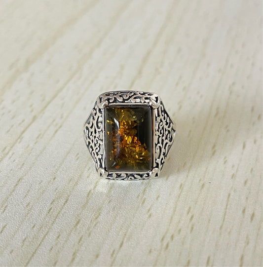 Rectangle Cut Baltic Amber Ring in Sterling Silver 925 37