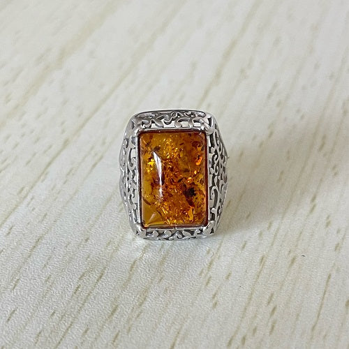 Rectangle Cut Baltic Amber Ring in Sterling Silver 925 38