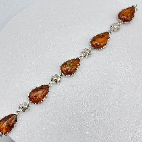 Pear Cut 5 Baltic Amber Bracelet in Sterling Silver 925 55