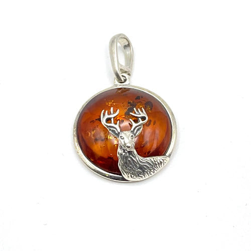 Round Baltic Amber Deer Pendant in Sterling Silver and Chain - 85-IBQ