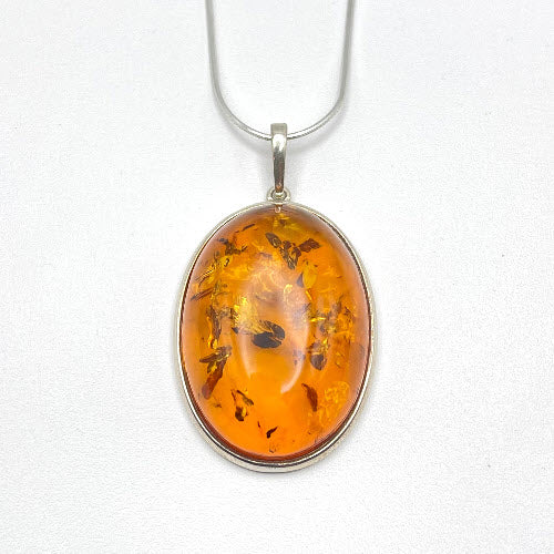 Oval cut Big Baltic Amber Pendant with Sterling Silver Strand -77