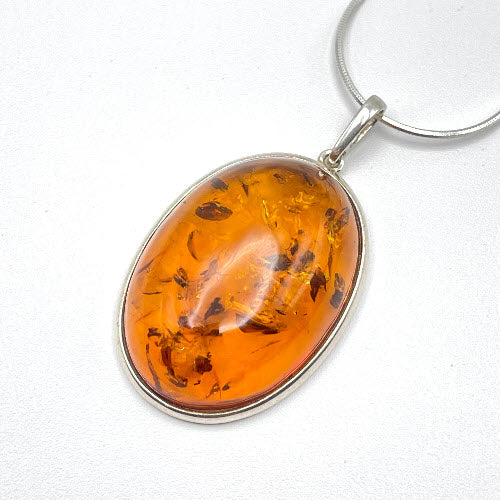 Oval cut Big Baltic Amber Pendant with Sterling Silver Strand -78