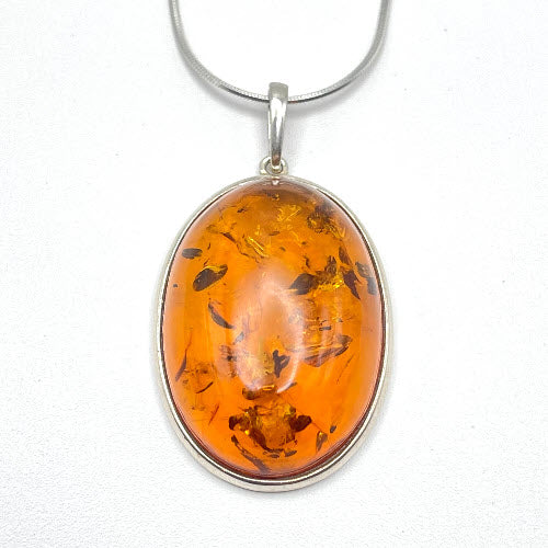 Oval cut Big Baltic Amber Pendant with Sterling Silver Strand -78