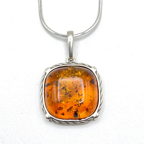 Squared Cut Baltic Amber Pendant with Sterling Silver Strand - 87