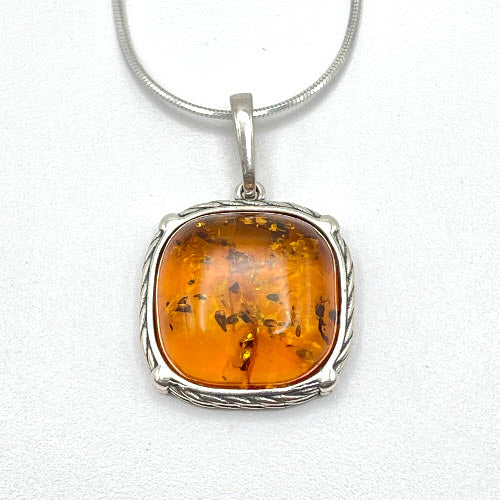 Squared Cut Baltic Amber Pendant with Sterling Silver Strand - 88