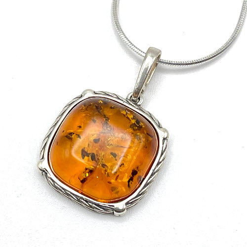 Squared Cut Baltic Amber Pendant with Sterling Silver Strand - 88