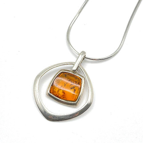 Squared Cut Baltic Amber Pendant with Sterling Silver Strand - 90