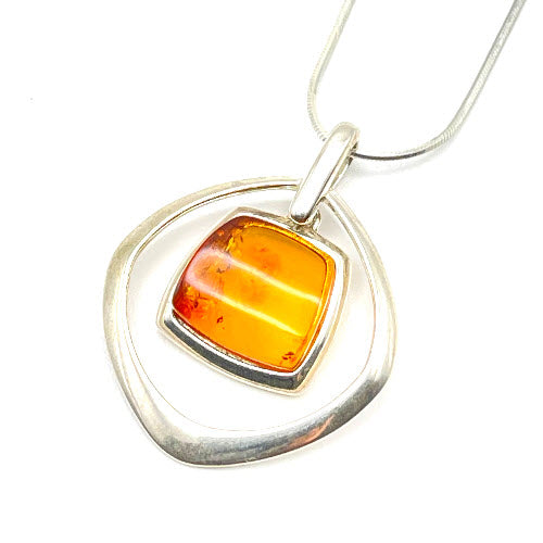 Squared Cut Baltic Amber Pendant with Sterling Silver Strand - 91