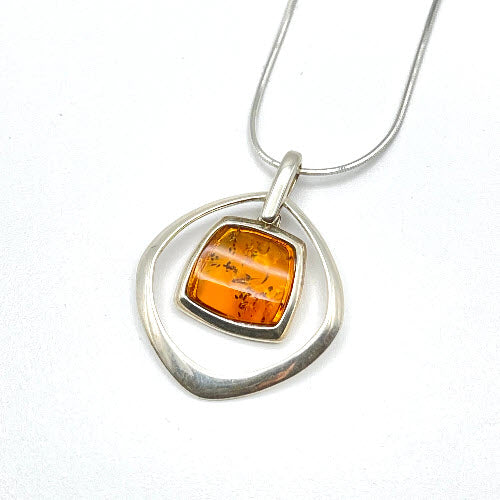 Squared Cut Baltic Amber Pendant with Sterling Silver Strand - 92