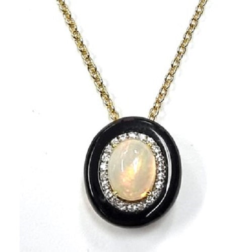 Yellow Gold Plate Black Agate Ethiopian Opal white Zircon Pendant