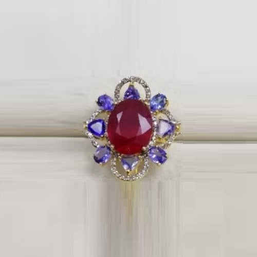 Ruby Tanzanite - Yellow Gold Plate With Diamond Ring 1800-BAH